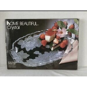 Vintage Home Beautiful Crystal Rose Pearls Oblong Handled Serving Tray 13 Inches